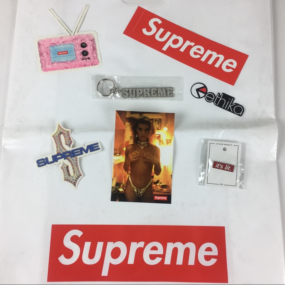 Supreme Key Chain and Sticker Lot w Supreme Bag